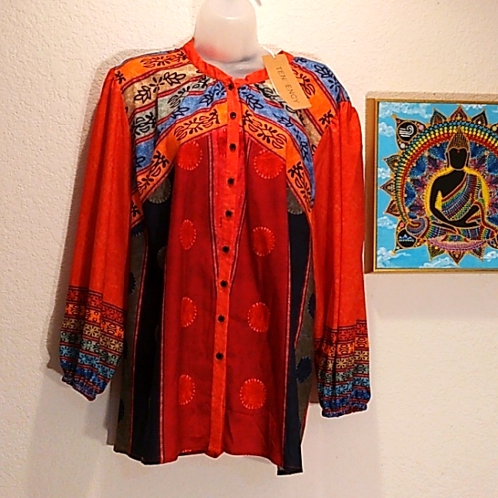 SALE! NWT!! TENDENCY BRIGHT COLORFUL SILKY CHAKRA GRAPHIC BLOUSE